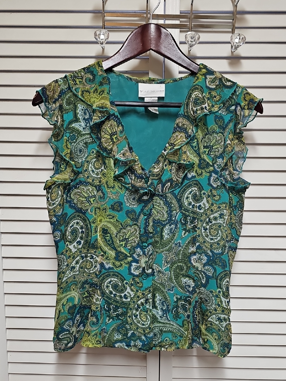 Worthington Teal & Green Paisley Silk Ruffle V-Neck Button Down Sleevless Sz 6
